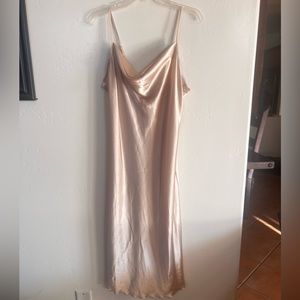 Bebe Satin Cowl Neck Slip Midi Dress in color Taupe